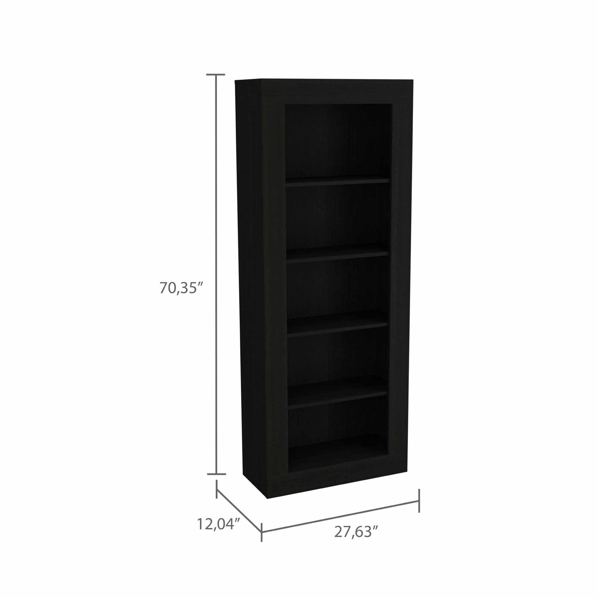 Tall black bookshelf with five open shelves  H x  W