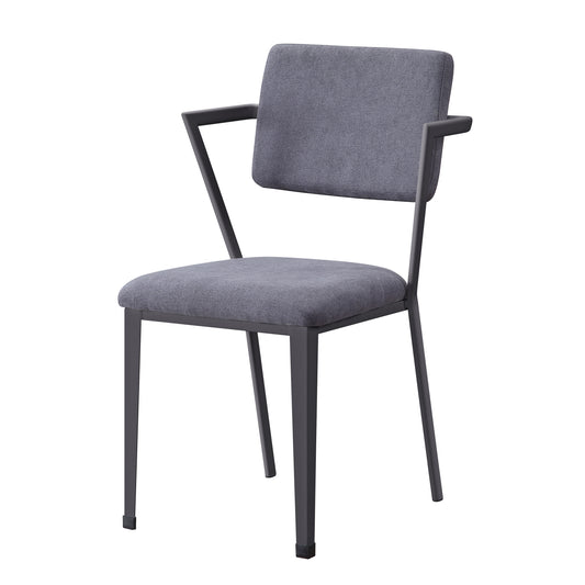 Modern gray upholstered accent chair with dark metal frame