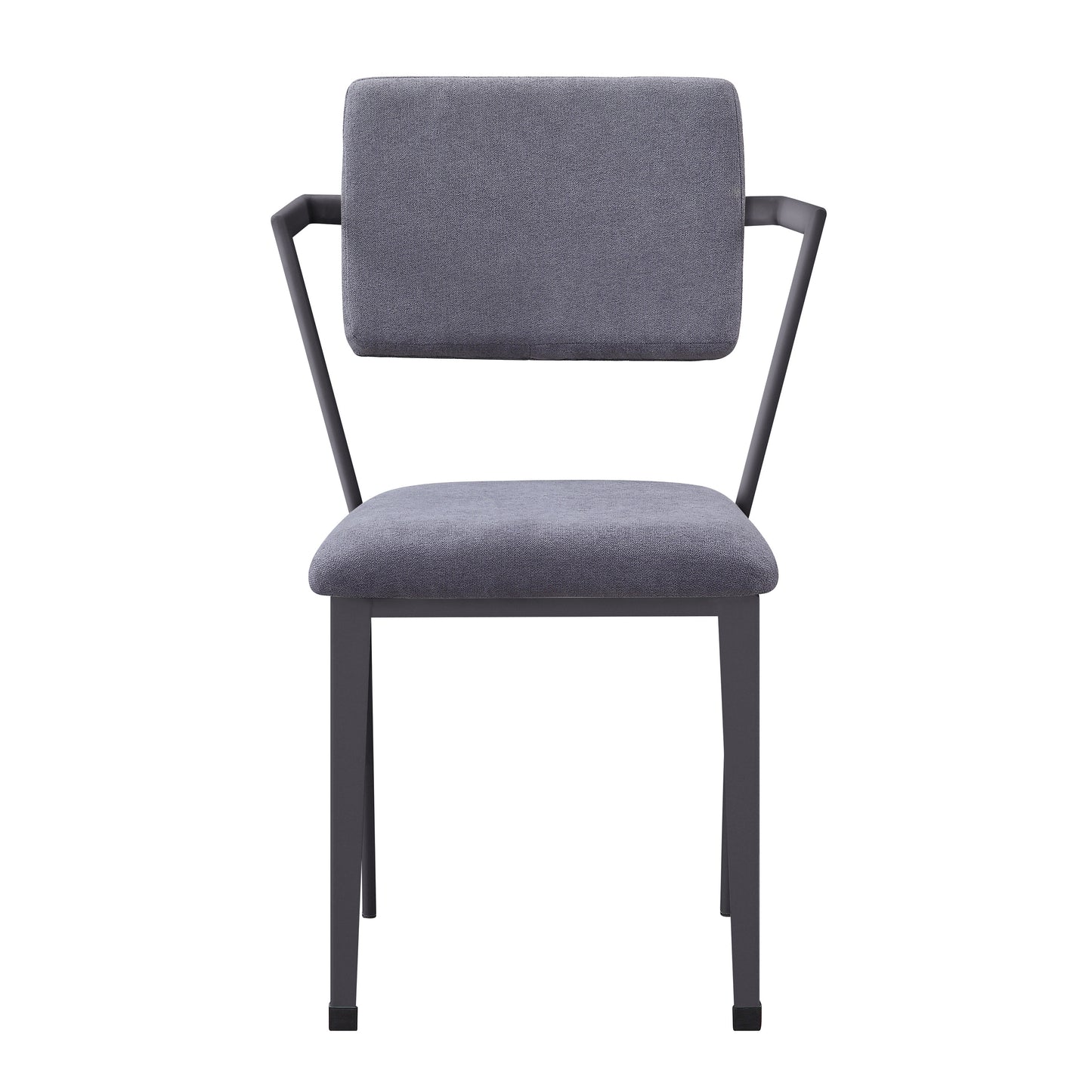 Modern grey upholstered dining chair with dark metal frame