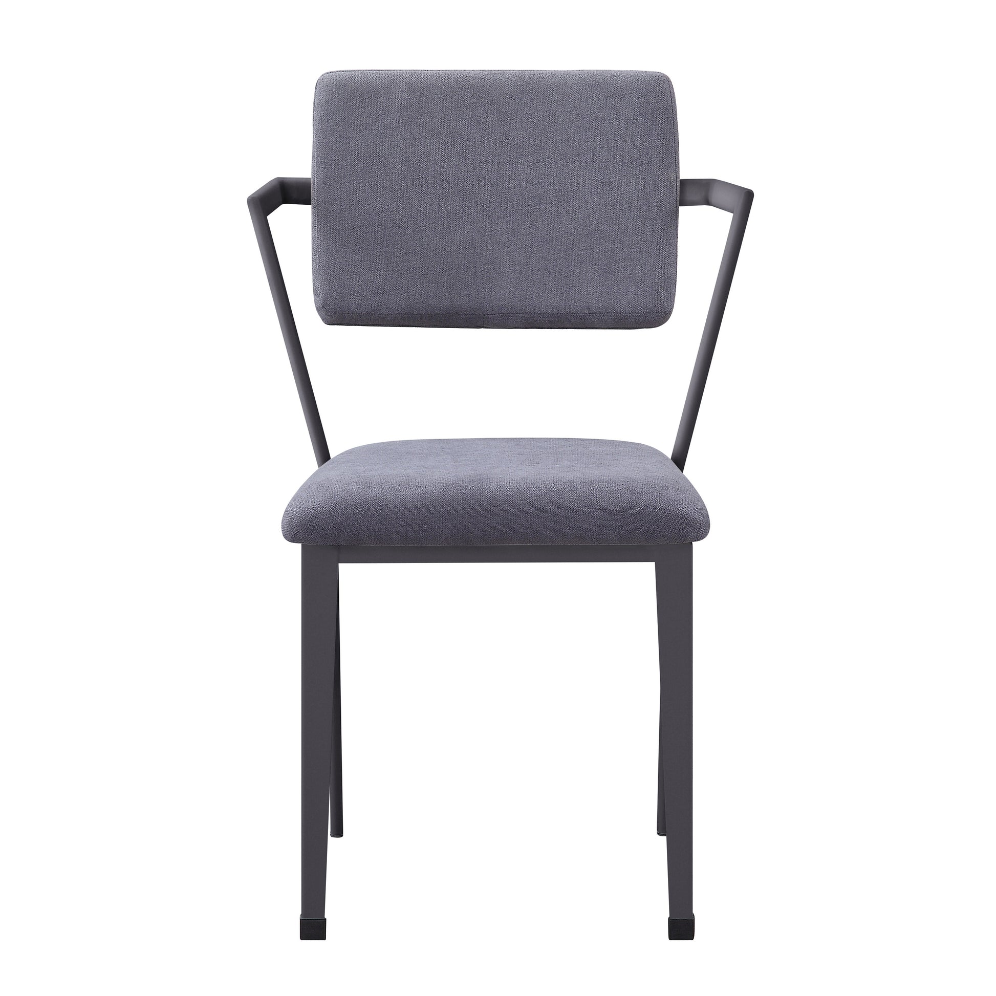 Modern grey upholstered dining chair with dark metal frame