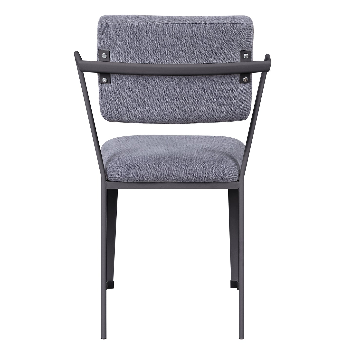Modern upholstered dining chair with gray fabric and dark metal frame