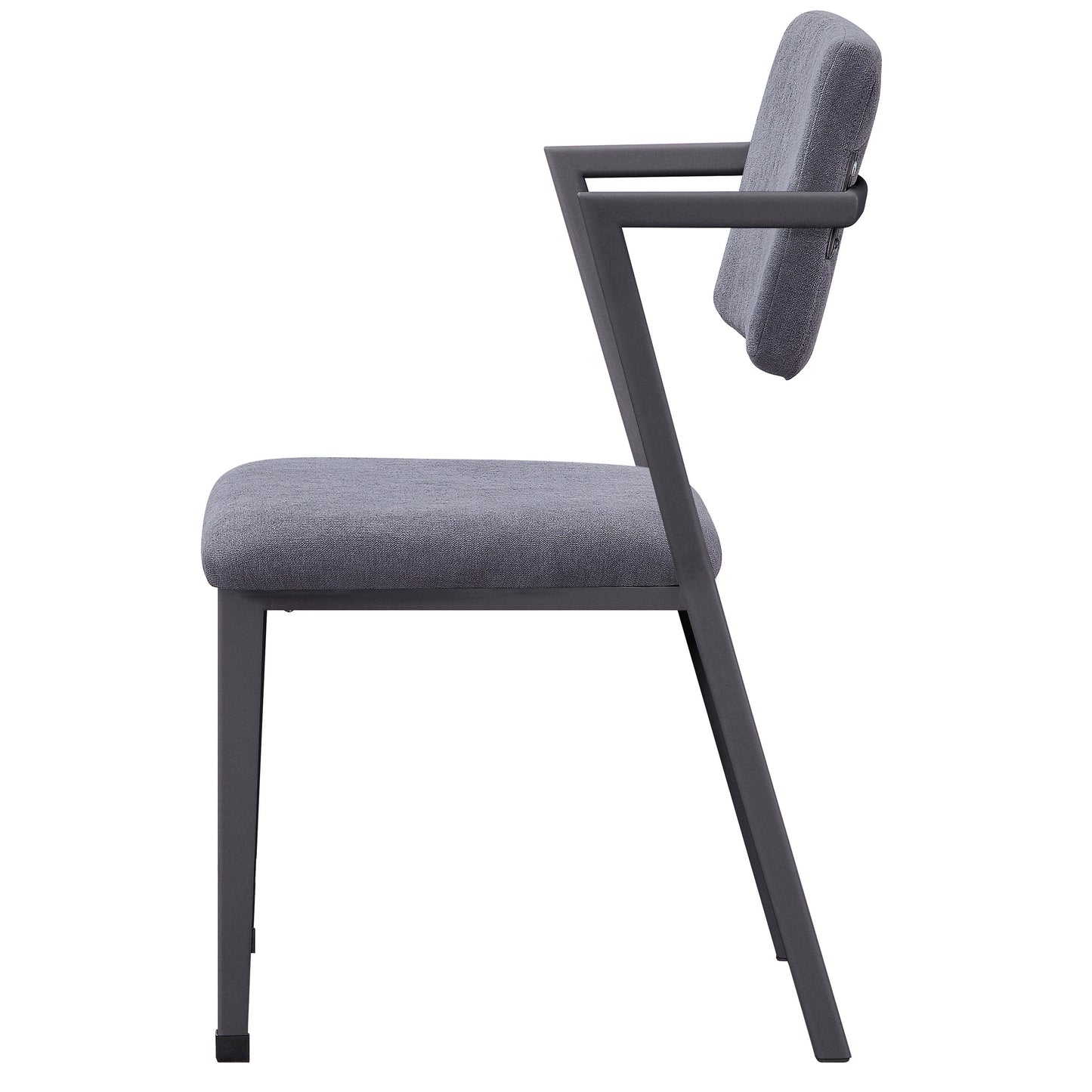 Side view of a modern grey upholstered dining chair with dark metal frame