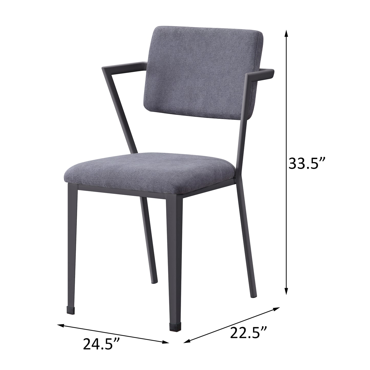 Modern gray upholstered accent chair with dark metal frame and angled legs