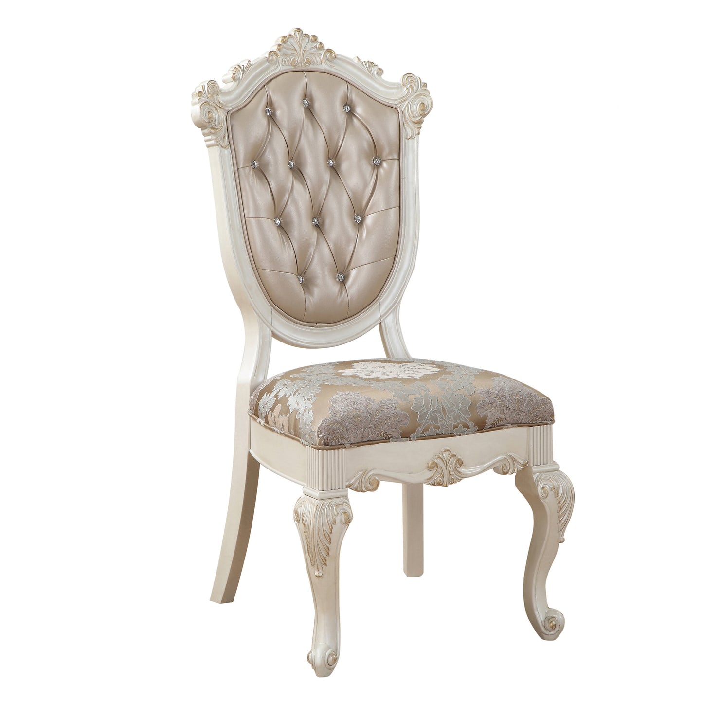 Elegant tufted champagne upholstered accent chair with ornate carved wood frame