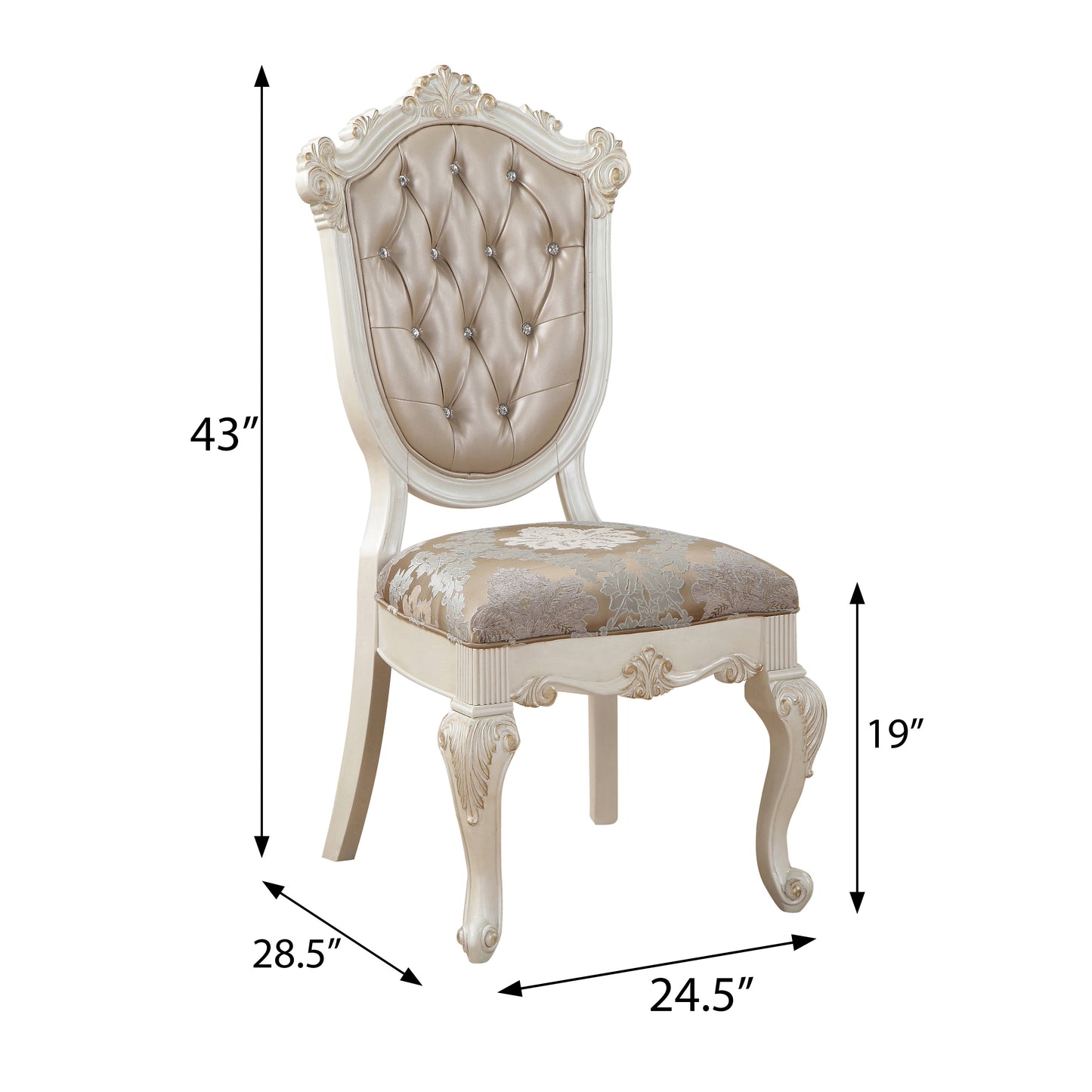 Ornate dining chair with champagne tufted back and floral upholstered seat