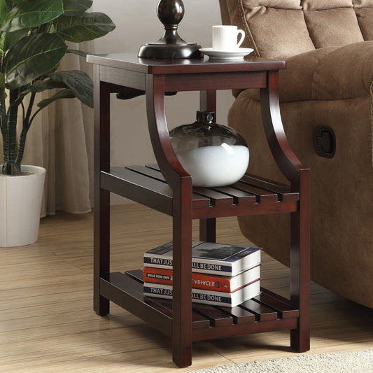 Dark brown wooden end table with two slatted shelves ideal for living room decor