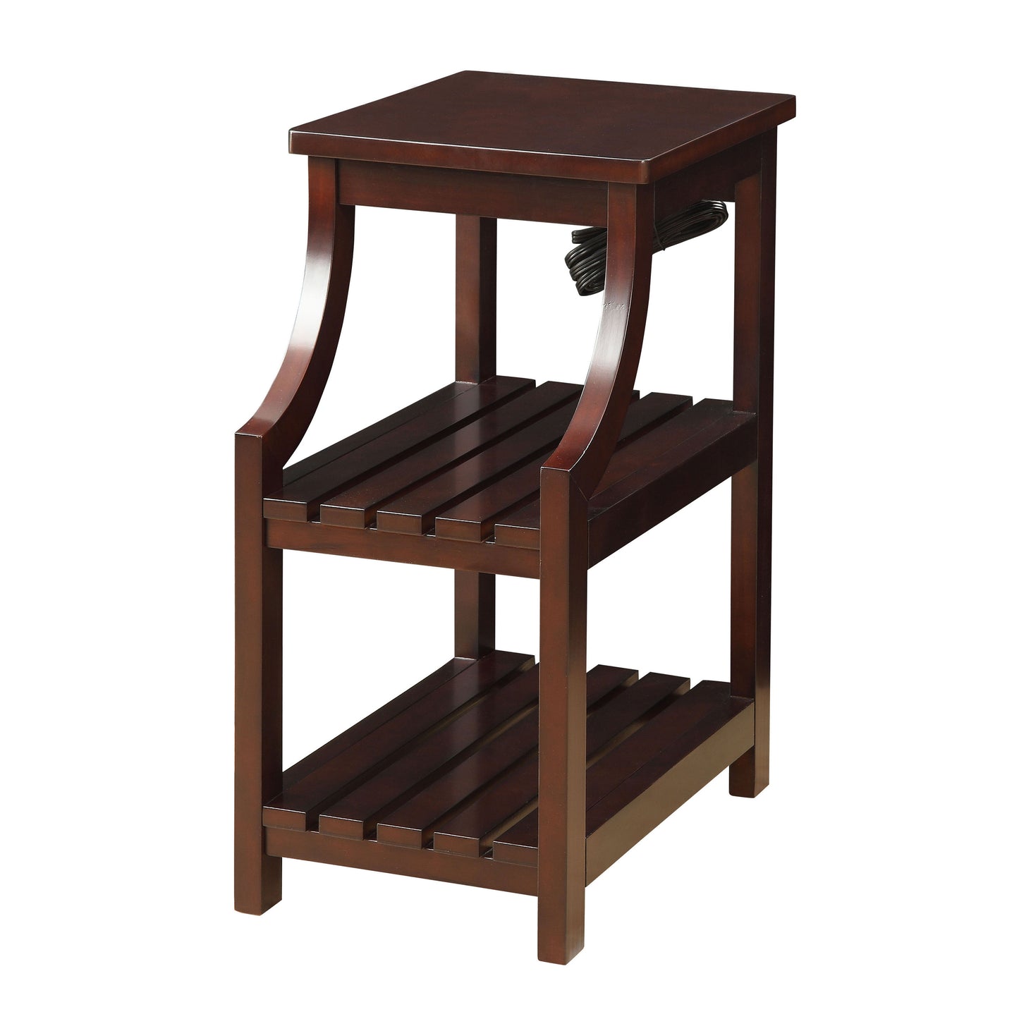 Rich mahogany end table with two slatted shelves and curved supports