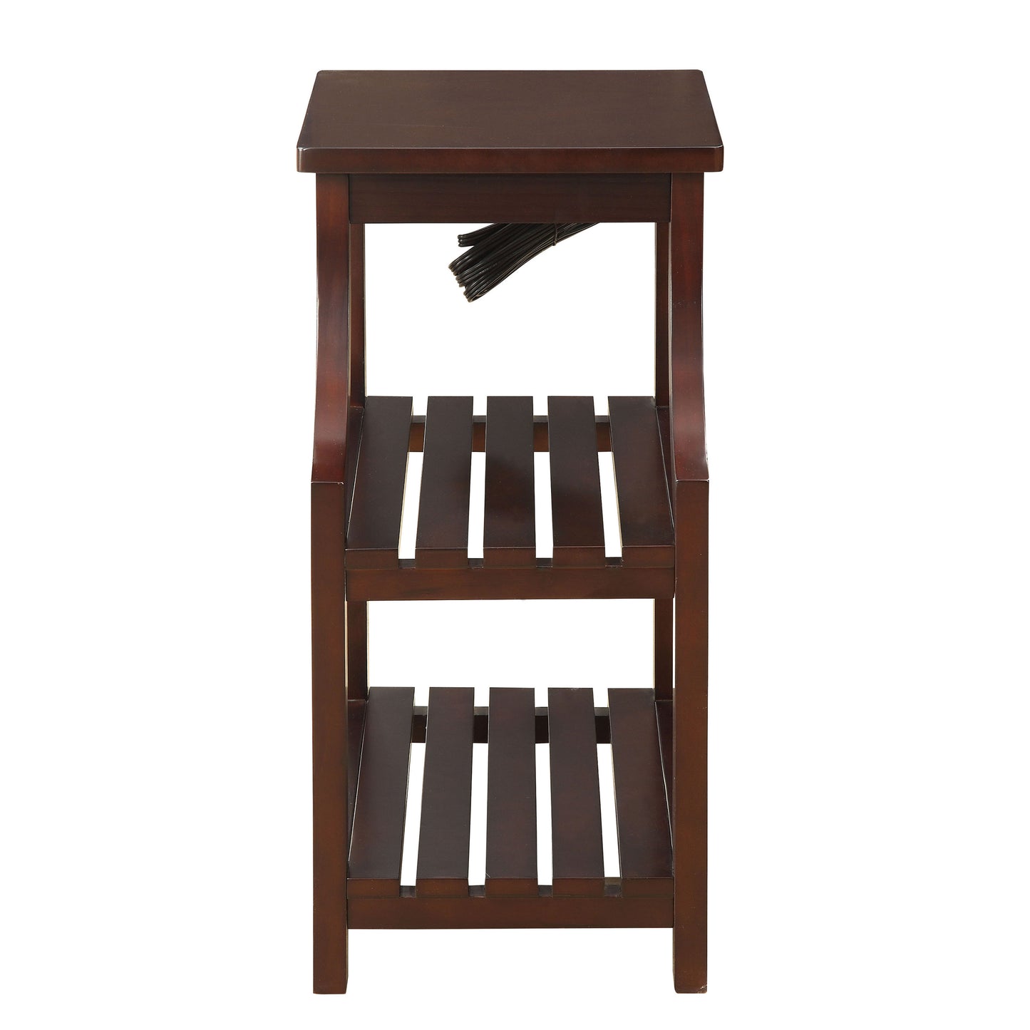 Dark wood accent table with two slatted shelves for storage