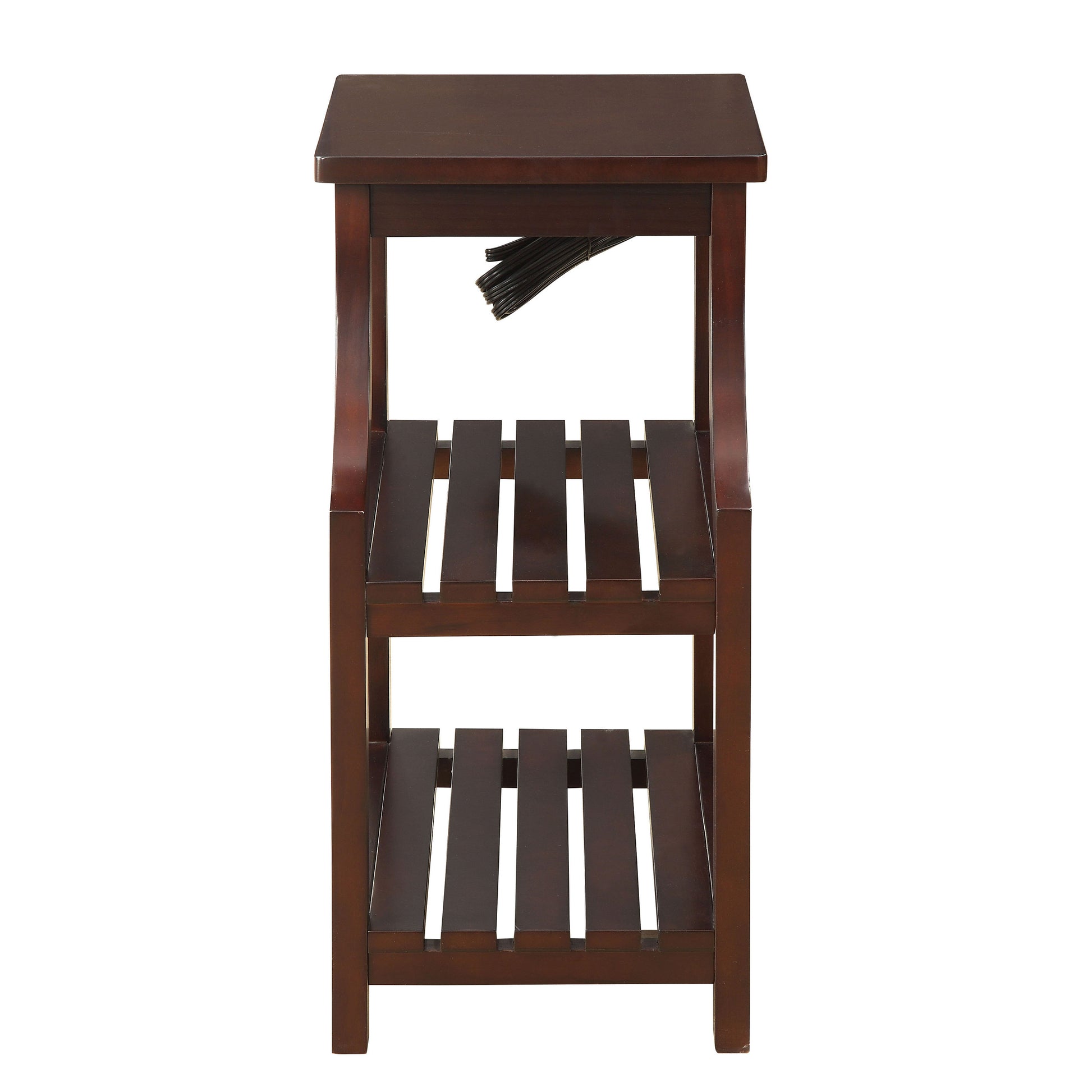 Dark wood accent table with two slatted shelves for storage