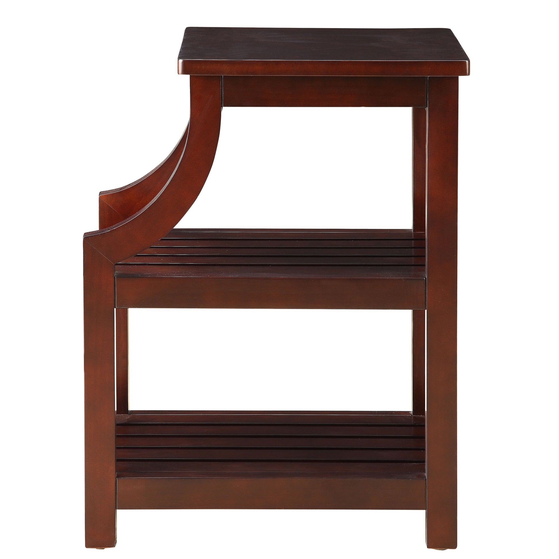Dark brown wooden step stool with two slatted shelves for bathroom storage