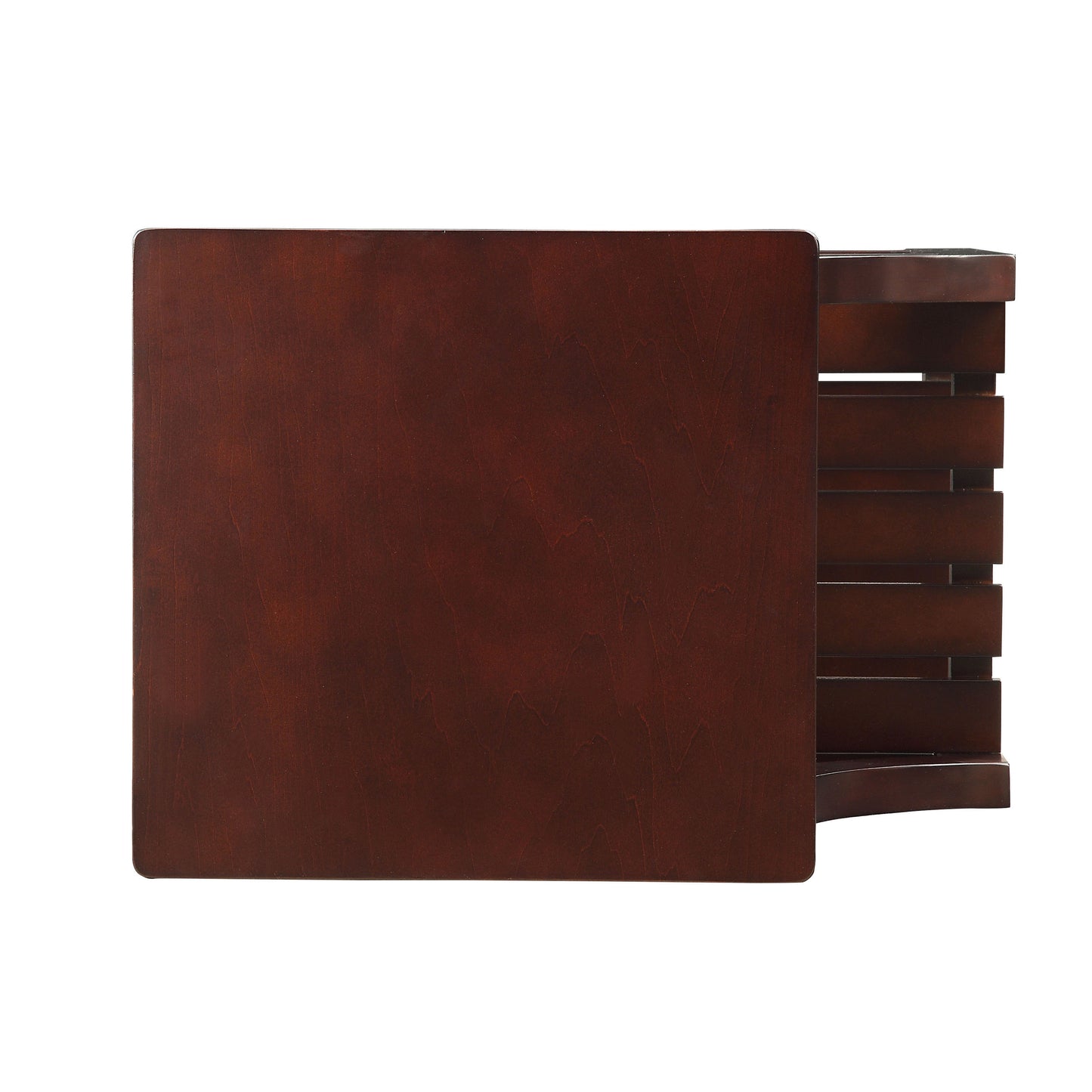Dark wood accent chair with slatted backrest and rounded seat