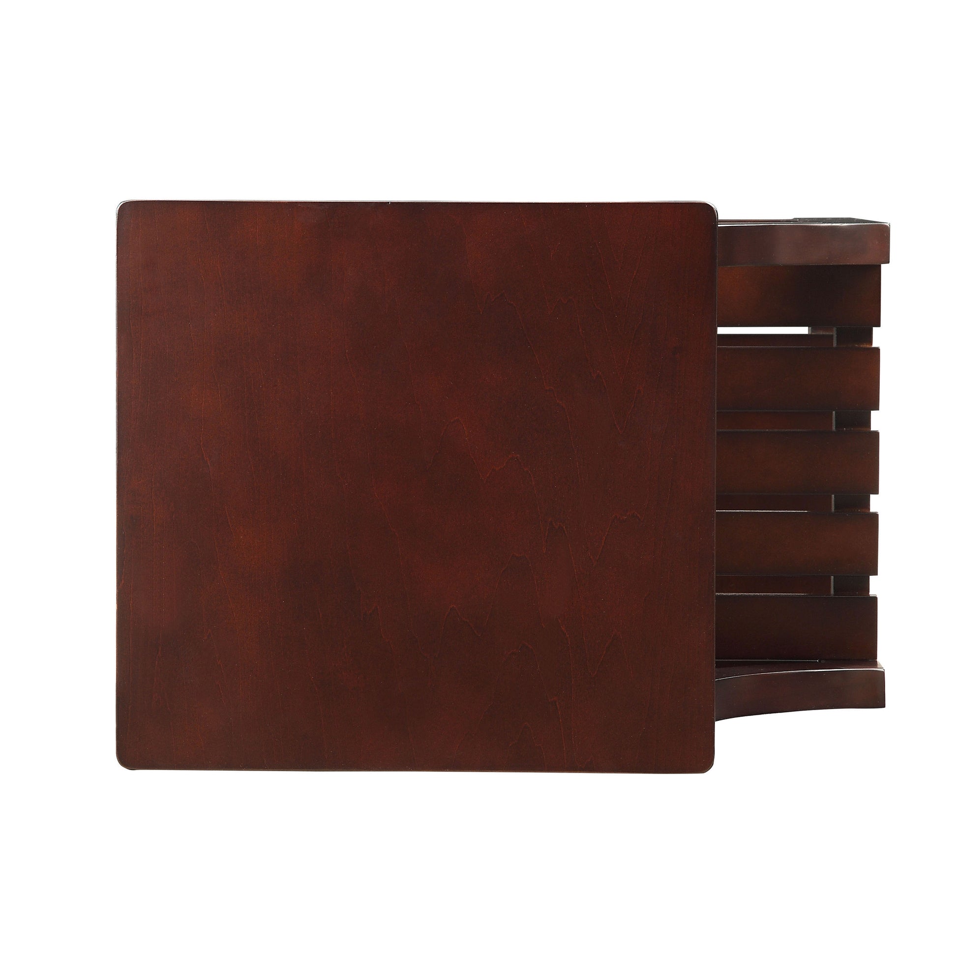 Dark wood accent chair with slatted backrest and rounded seat