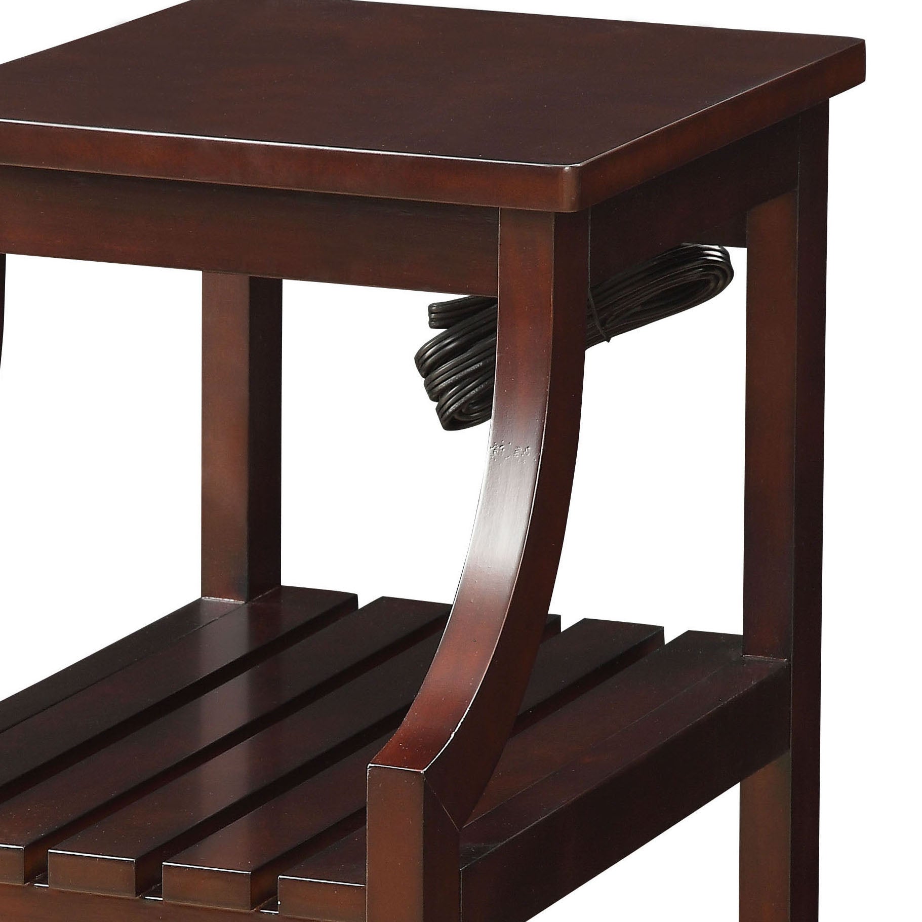 Rich mahogany end table with slatted lower shelf and convenient cord management hook