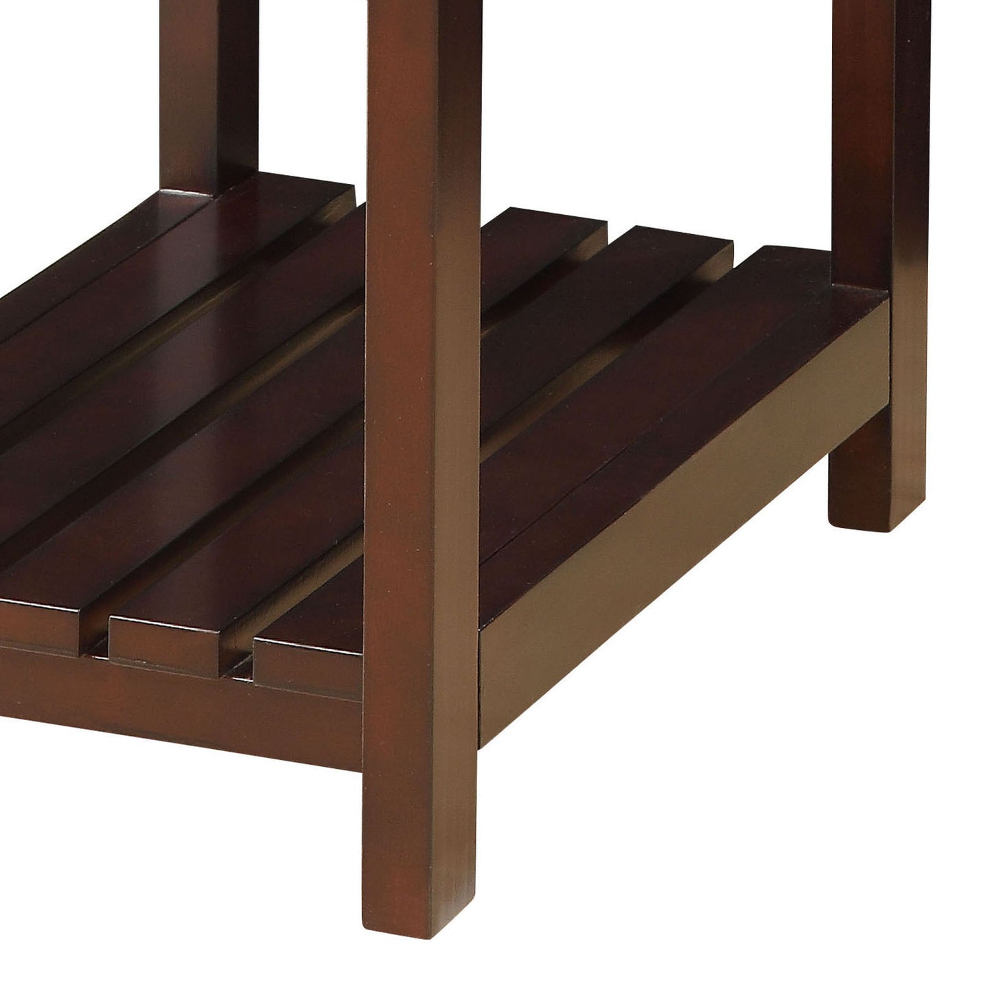 Dark brown wooden side table with slatted shelf for storage