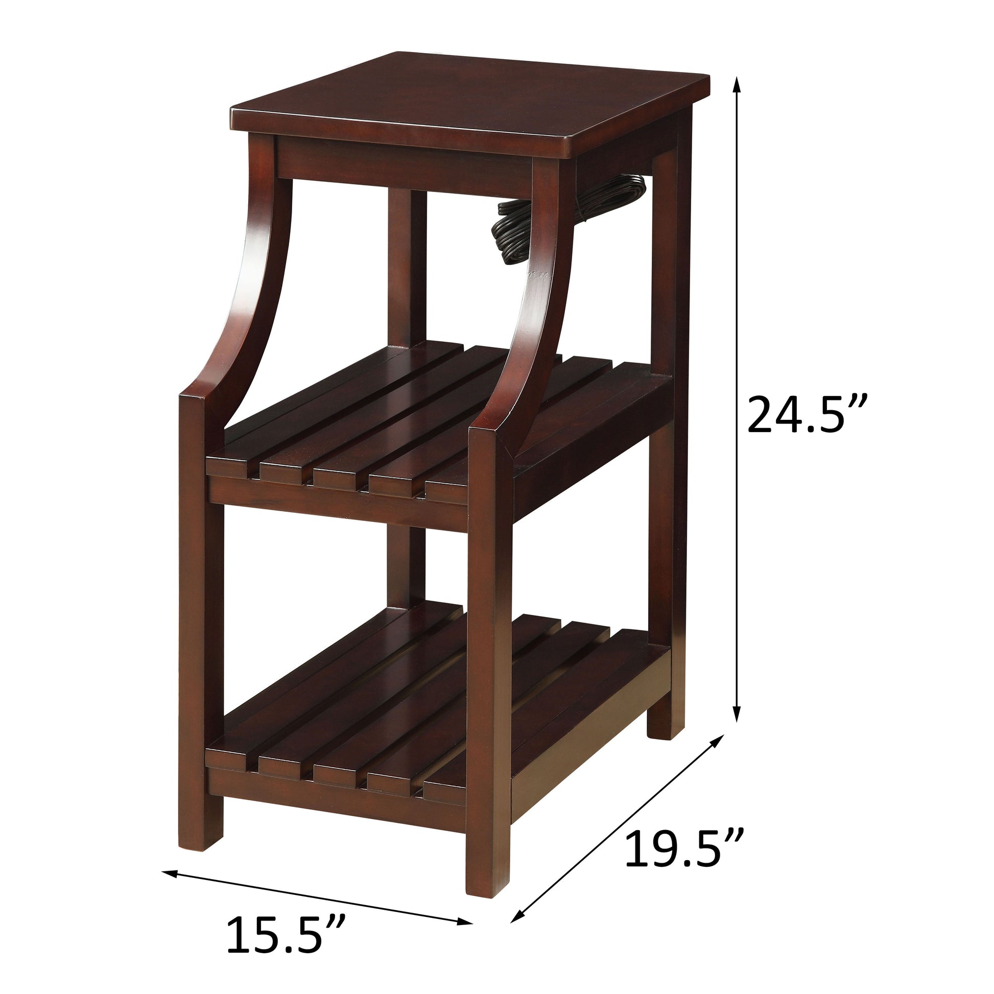 Dark brown wooden end table with two slatted shelves  H x  W x  D
