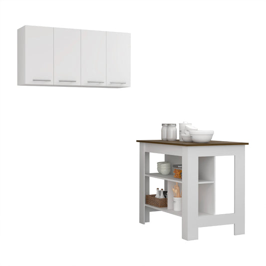 TREATLIFE HOME 5-Shelf 4-Door Kitchen Set with Kitchen Island and Wall Cabinet, White and Walnut Finish
