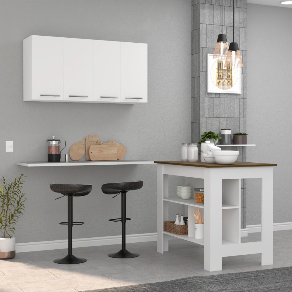 Four white kitchen wall cabinets with silver handles modern design