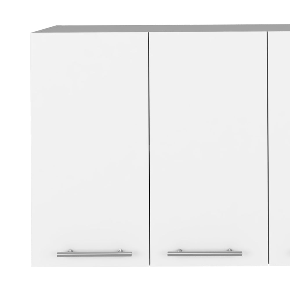 White modern kitchen wall cabinet with silver bar handles clean design