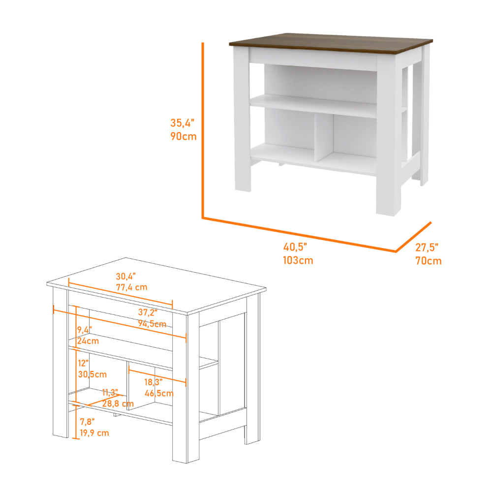 White and dark wood kitchen island with open shelves and dimensions
