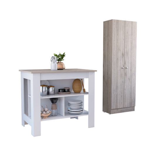 White kitchen island with wood top featuring two open shelves for storage