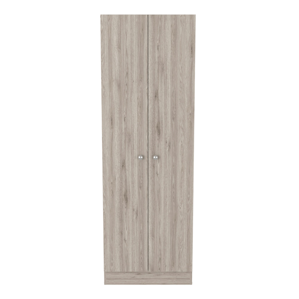 Tall taupe wood grain double door wardrobe with silver handles