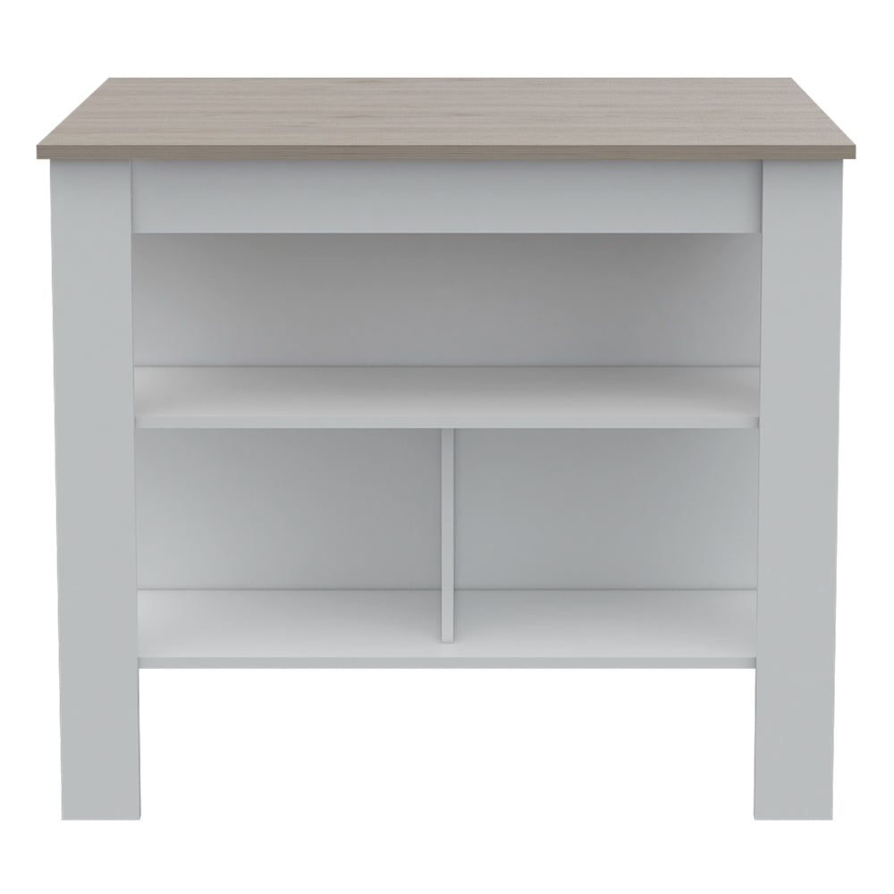 White and wood tone console table with open shelving