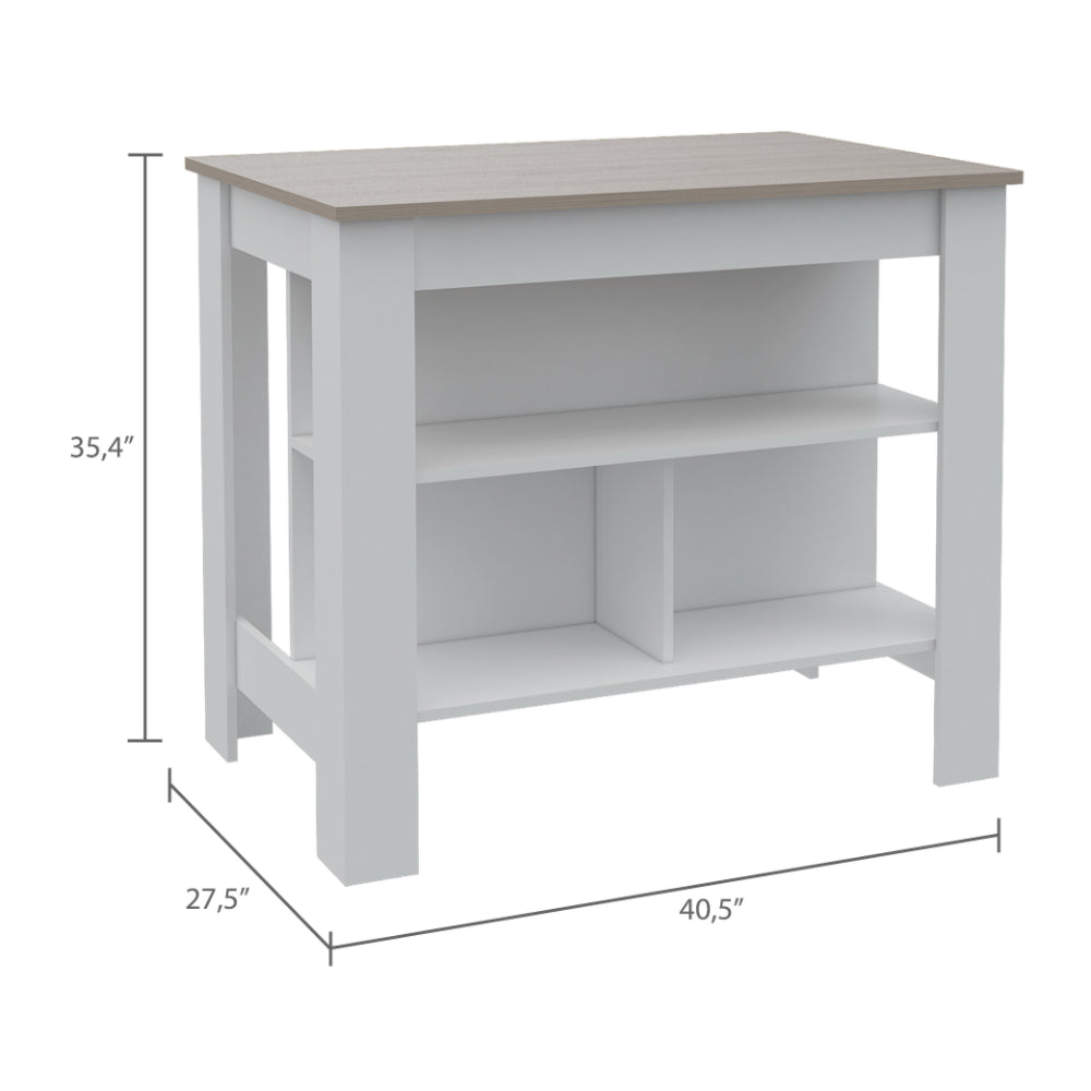 White and oak kitchen island cart with three shelves