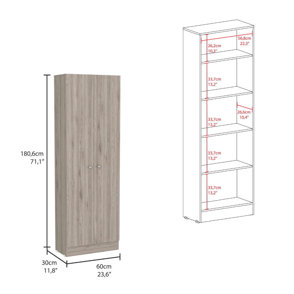 Light oak tall storage cabinet with two doors and silver handles