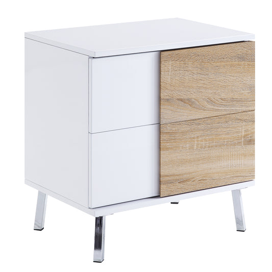 Modern white nightstand with natural wood drawer fronts and chrome legs