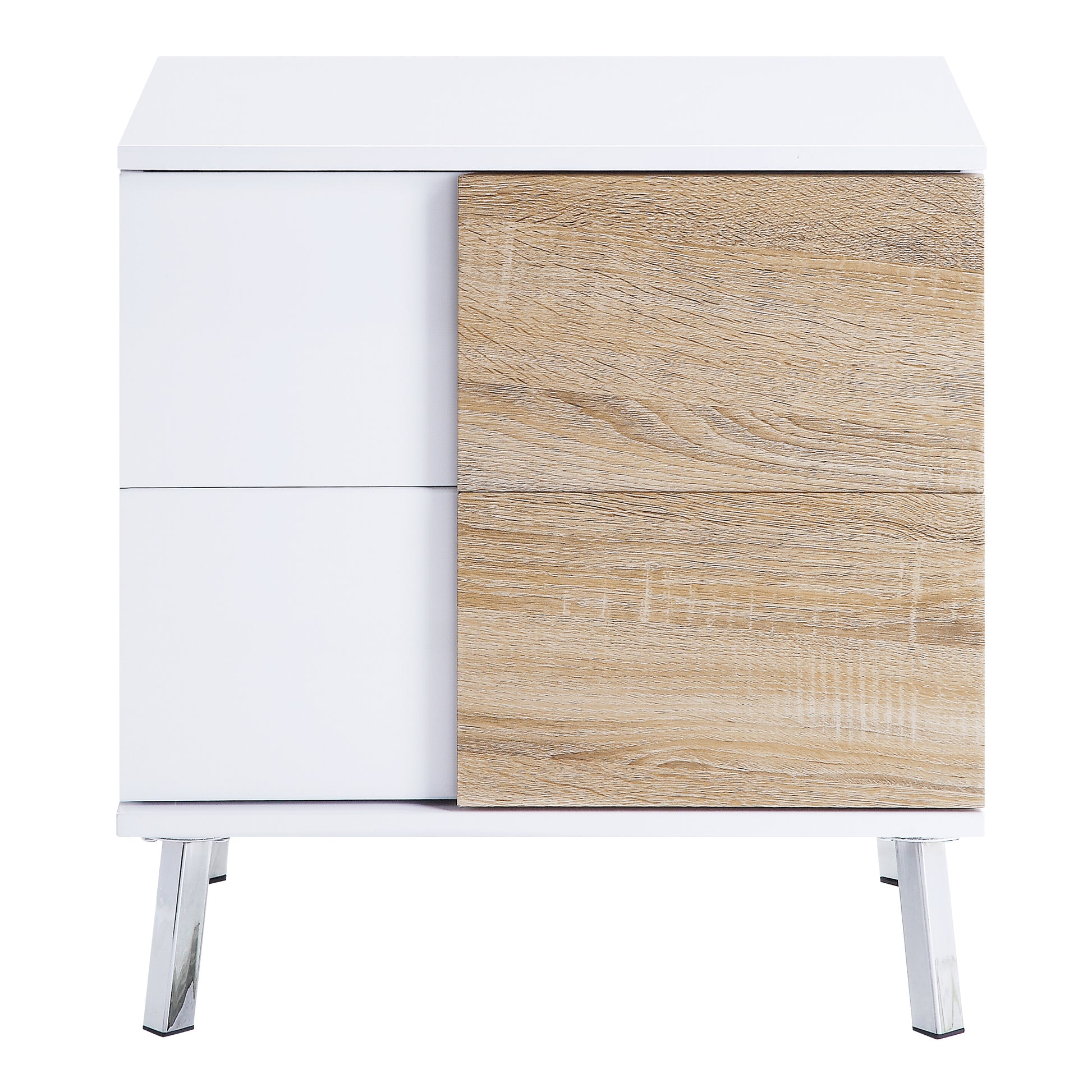 White bedside table with two drawers and sliding woodgrain door panel