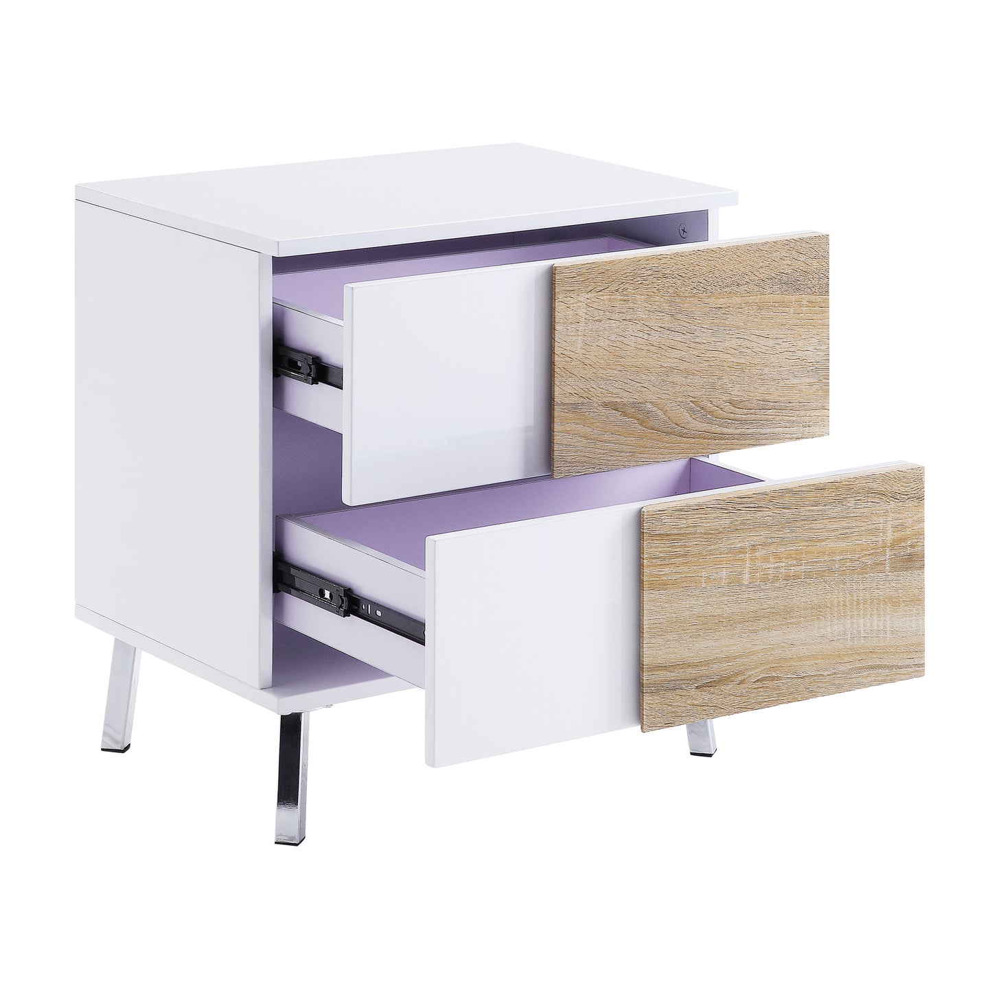 White twodrawer nightstand with woodeffect drawer fronts and purple interior
