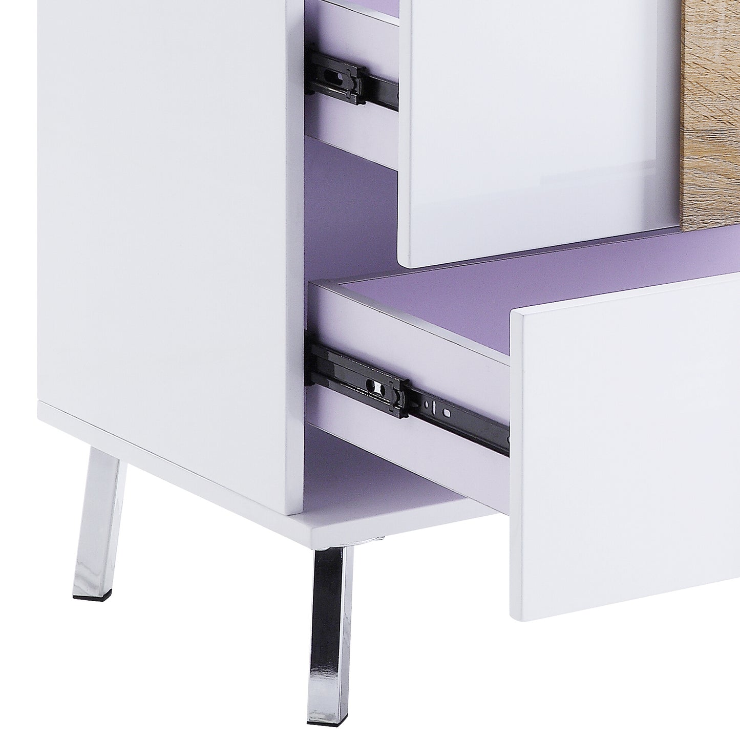 White bedside table with purple drawers and chrome legs