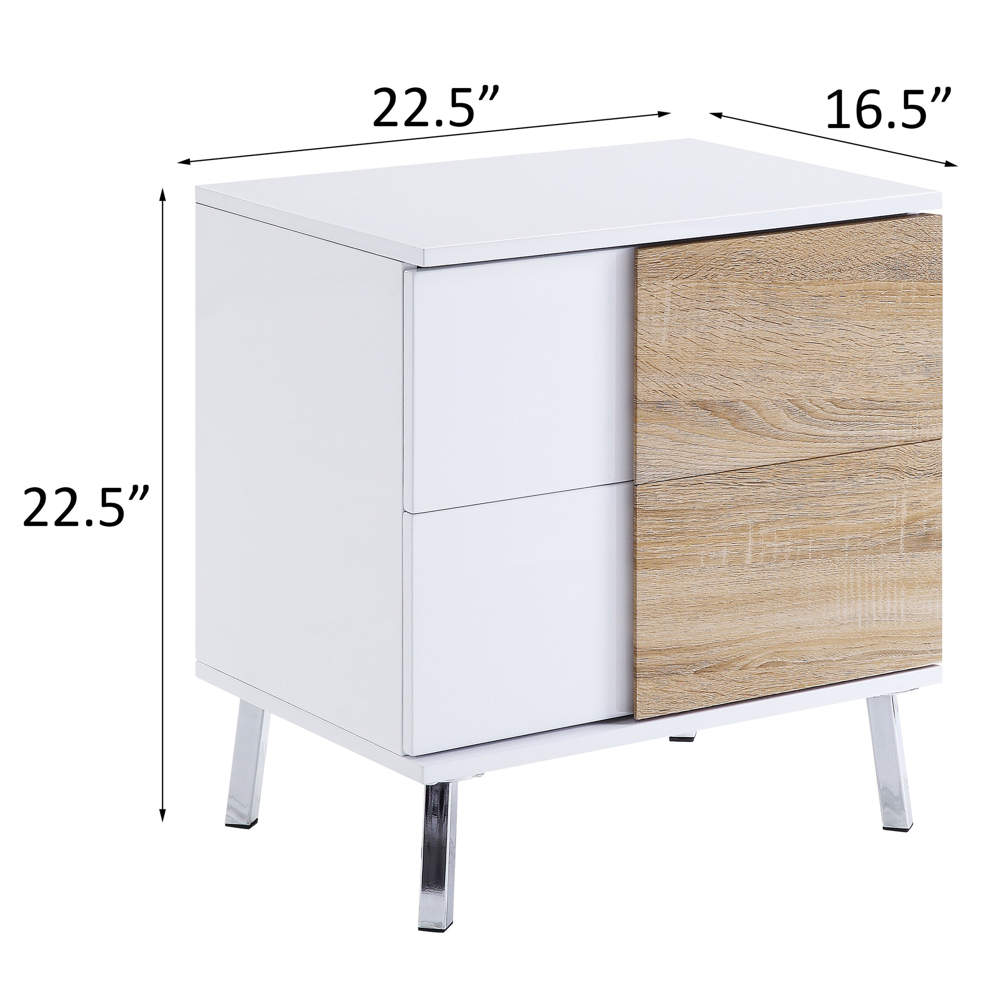 White and wood effect nightstand with two drawers and chrome legs