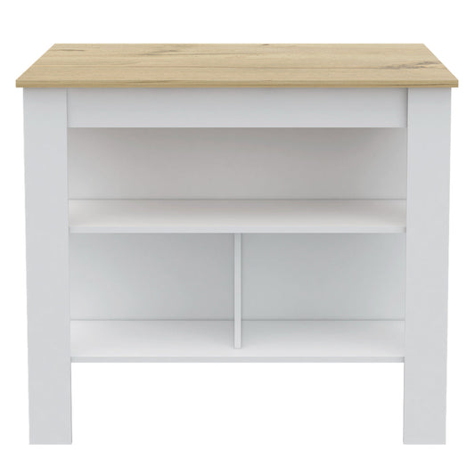 White and oak console table with two open shelves for storage