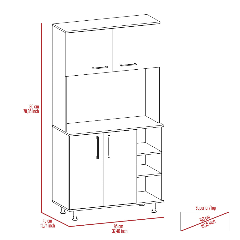 Line drawing of a white kitchen cabinet with two upper doors and two lower doors with three open shelves beside them