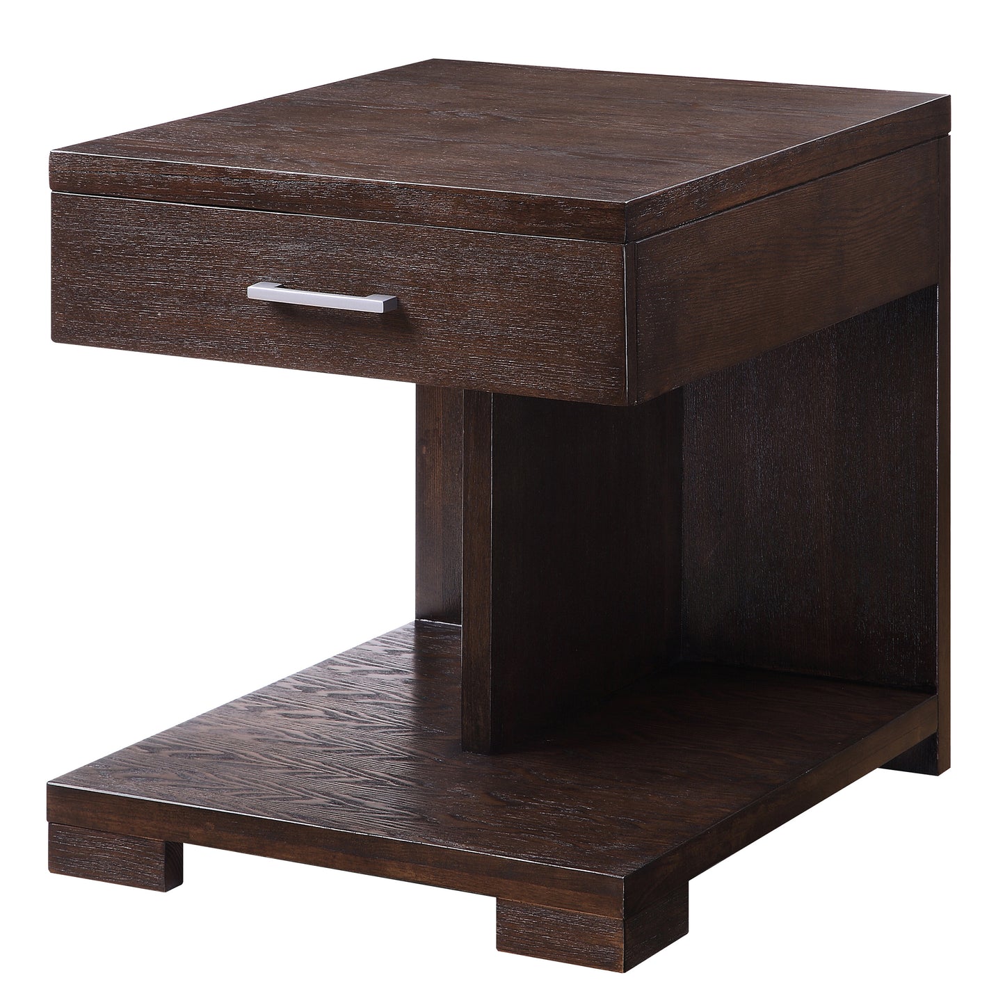 Dark brown wood end table with a single drawer and open shelf for living room storage