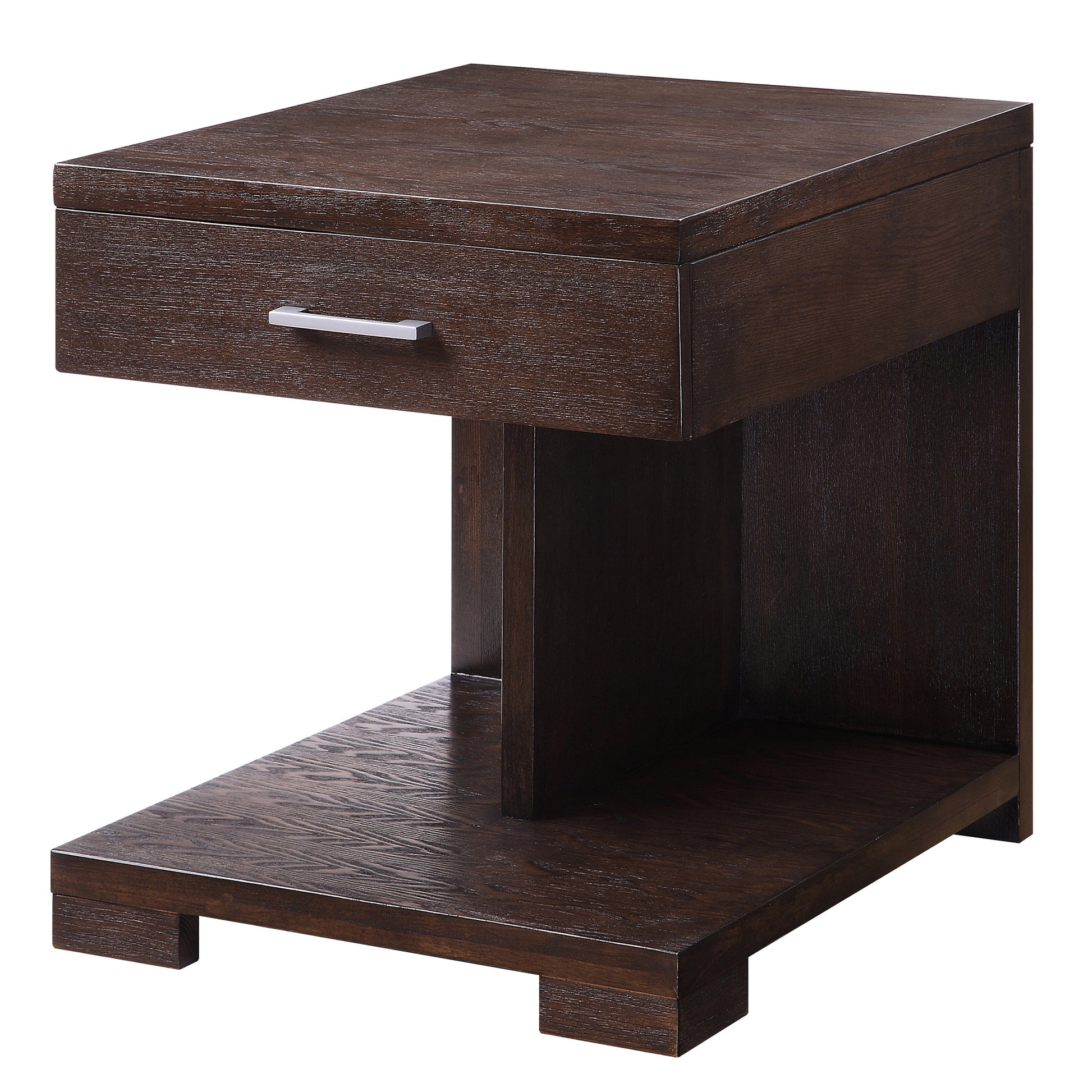Dark brown wood end table with a single drawer and open shelf for living room storage
