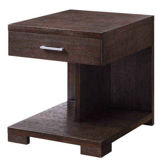 Dark brown wood end table with a single drawer and open shelf for living room storage
