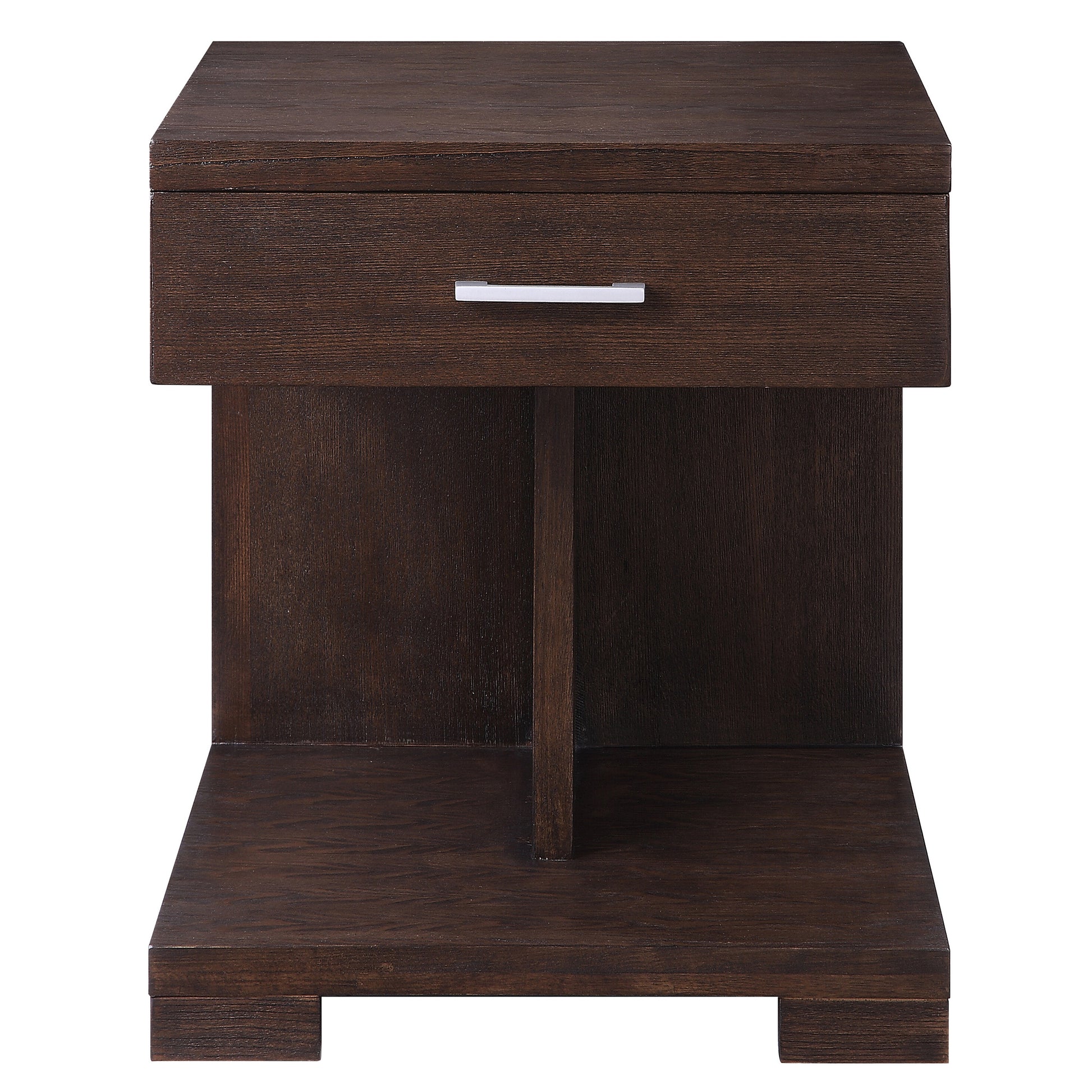 Dark wood bedside table with one drawer and open shelf