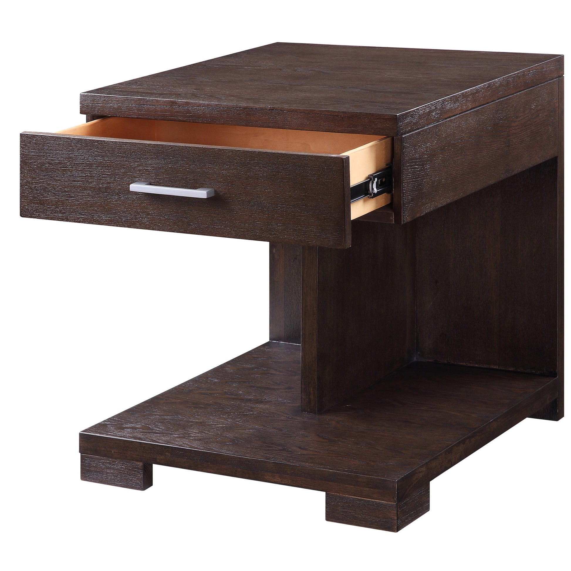Dark oak wood accent table with one open drawer and silver pull