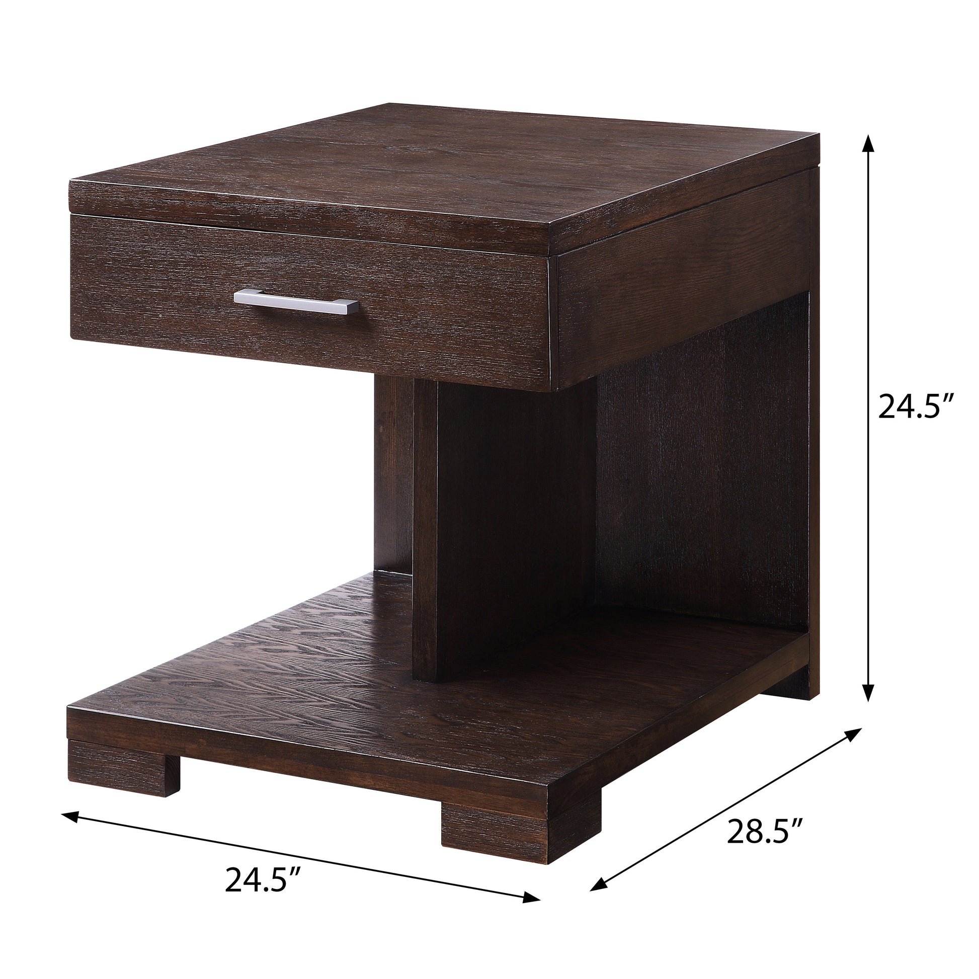 Dark oak finish side table with one drawer and open shelf