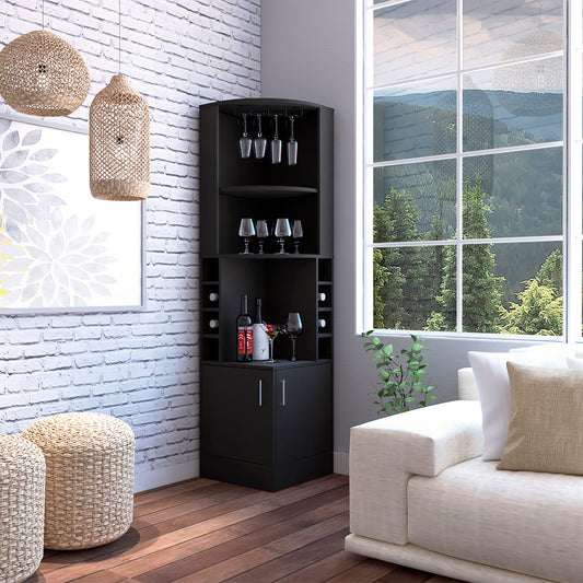 Black corner bar cabinet with wine rack and hanging glass storage