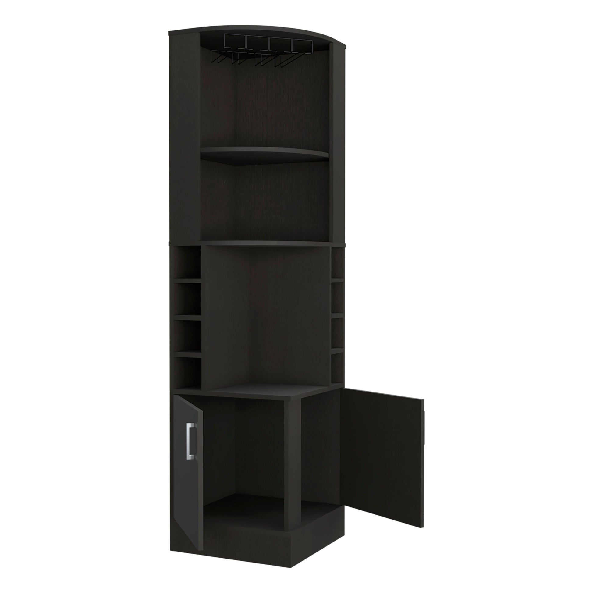 Tall espresso corner bar cabinet with wine glass rack and open shelving