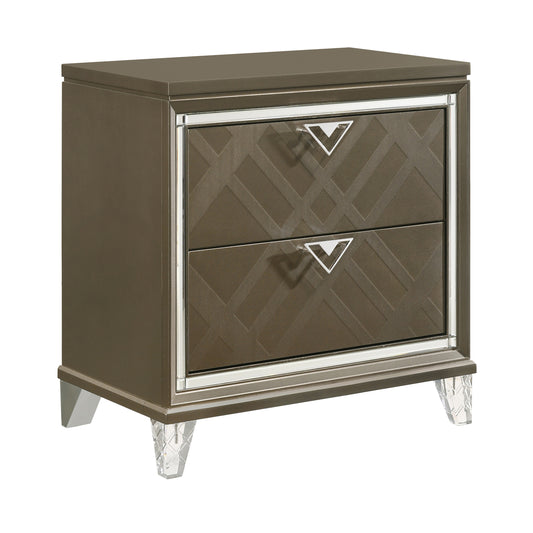 Bronze mirrored nightstand with two drawers and geometric textured fronts