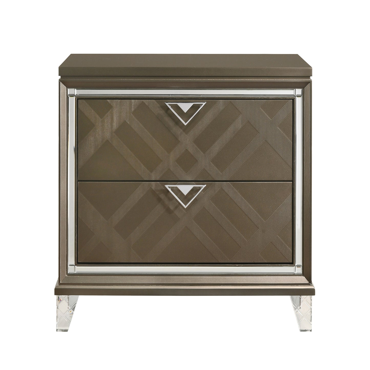 Bronze twodrawer nightstand with textured geometric pattern and crystal legs