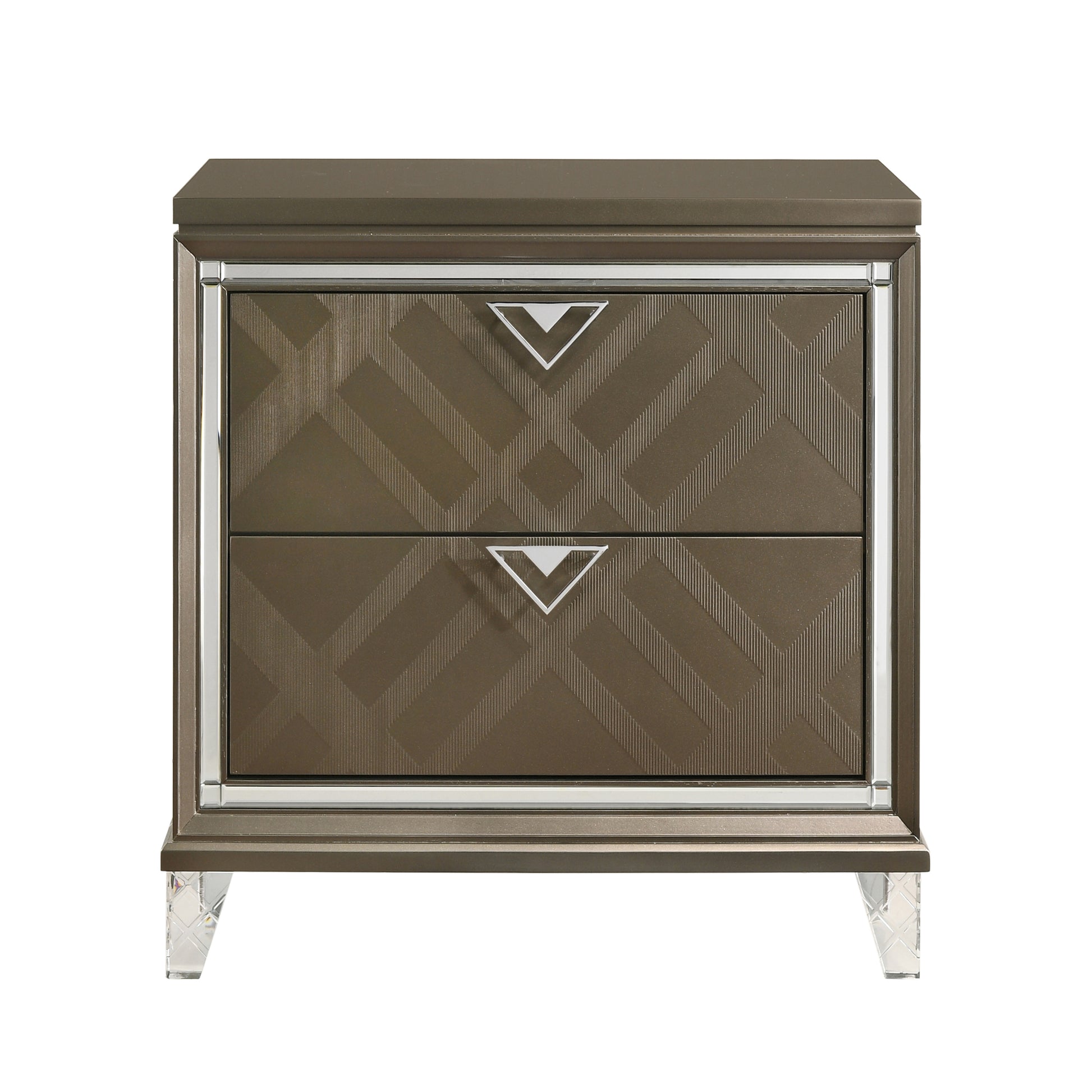 Bronze twodrawer nightstand with textured geometric pattern and crystal legs