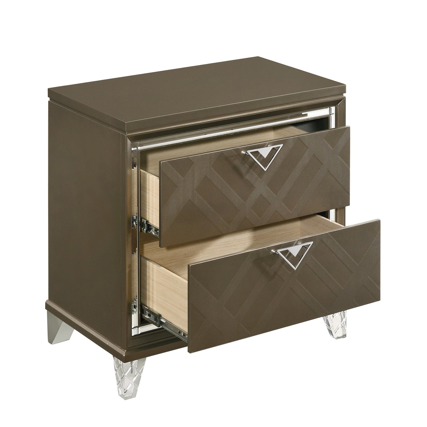 Sleek taupe nightstand with two geometricpatterned drawers and crystal legs