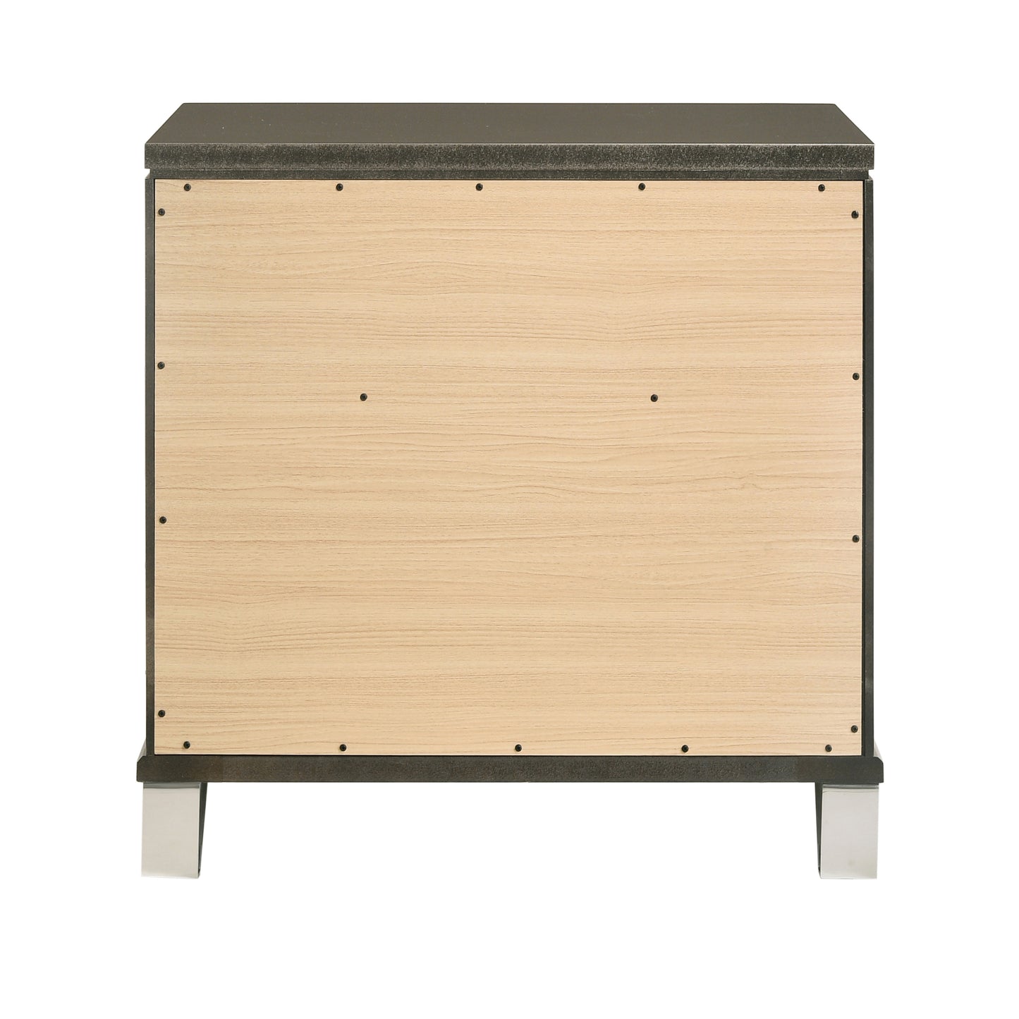Minimalist cabinet back with light wood panel and black frame standing on silver legs