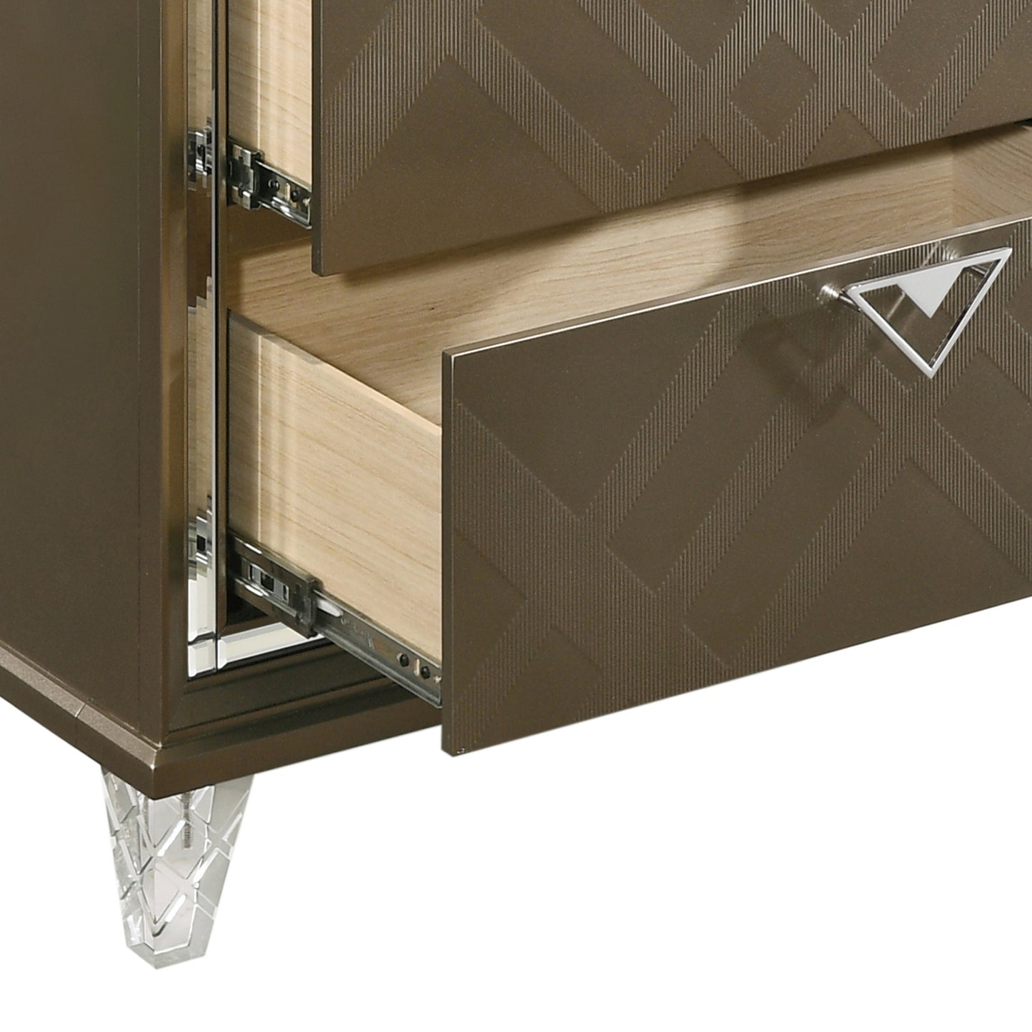 Bronze dresser with open drawers showing smooth wood interior and metal slides