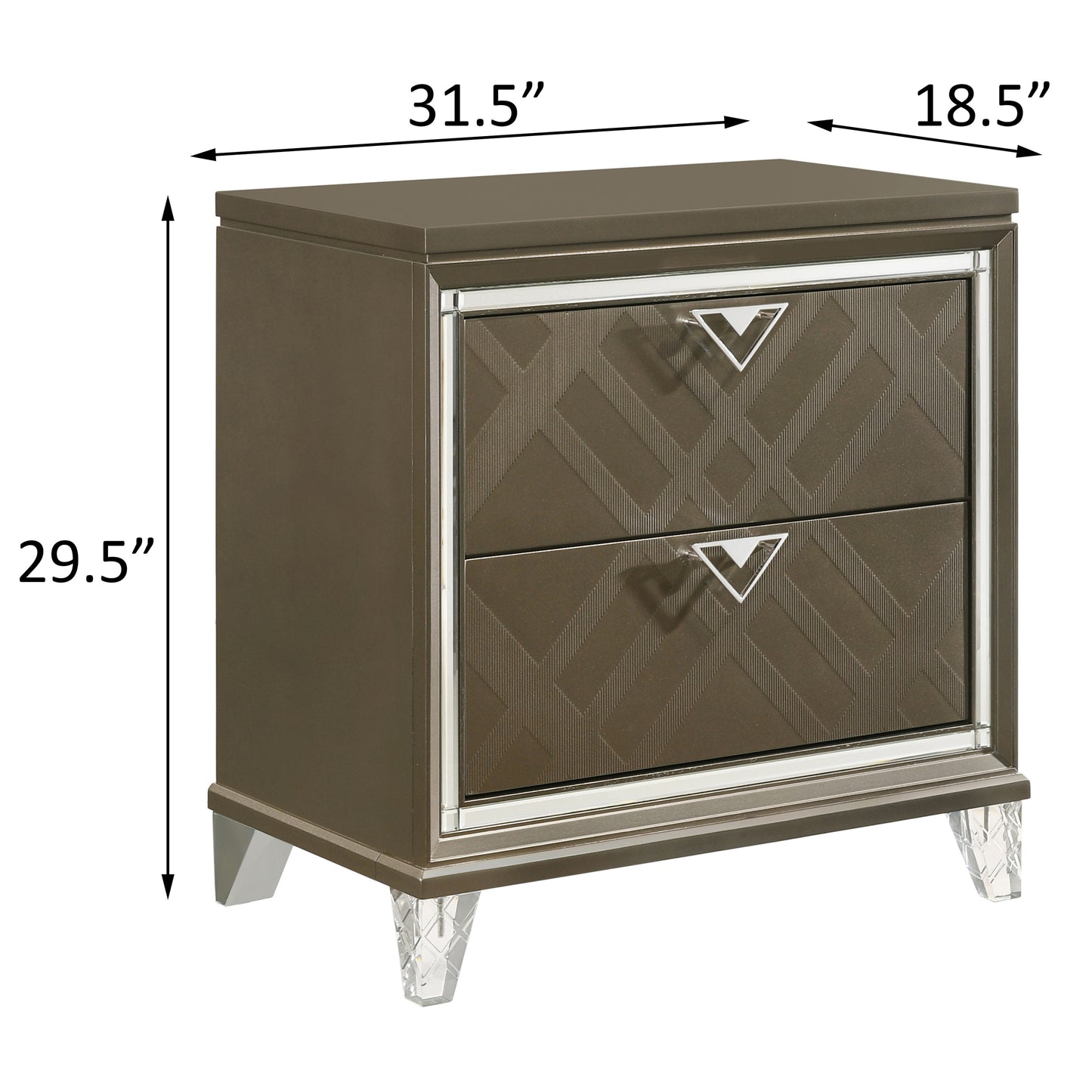 Bronze mirrored nightstand with two drawers and crystal legs